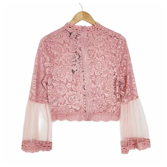 Love University Crop Top Blush Rose Sheer Lace Bell Sleeve Mock Neck Zip Back - Picture 6 of 12